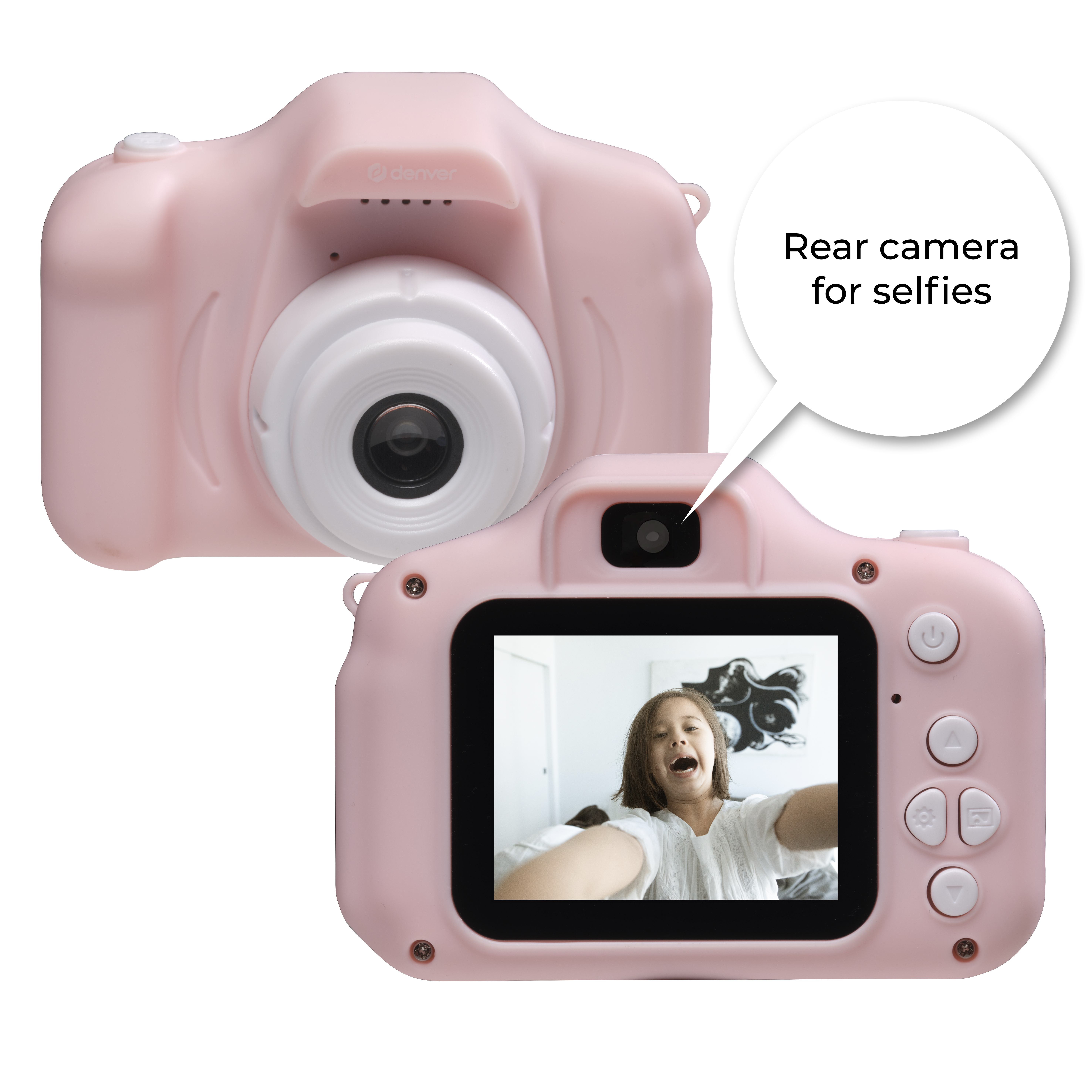 Un appareil photo jouet rose. Le dos montre une fille prenant un selfie. Fond blanc.