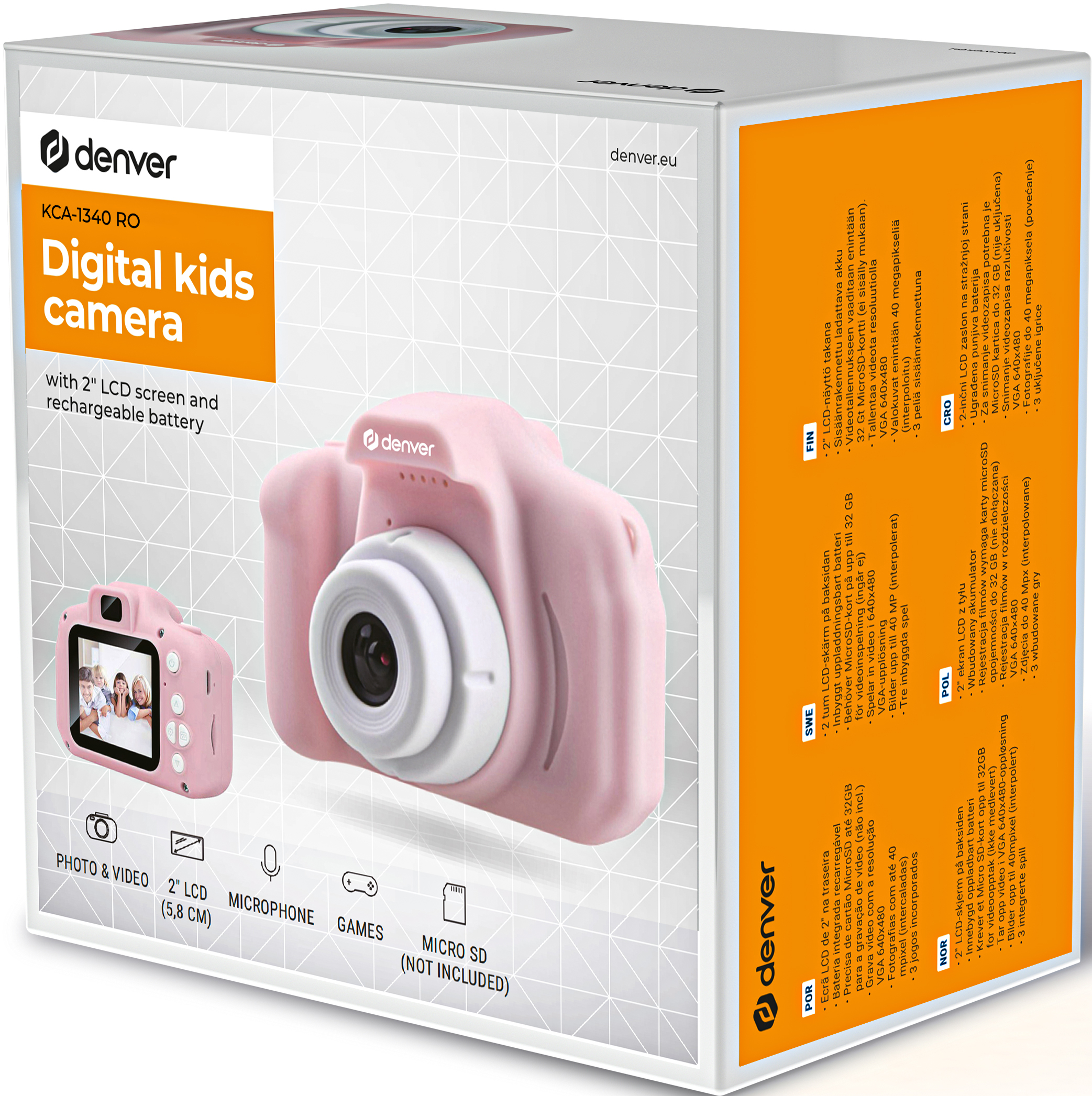 Boîte pour un appareil photo numérique rose pour enfants, avec images et texte.