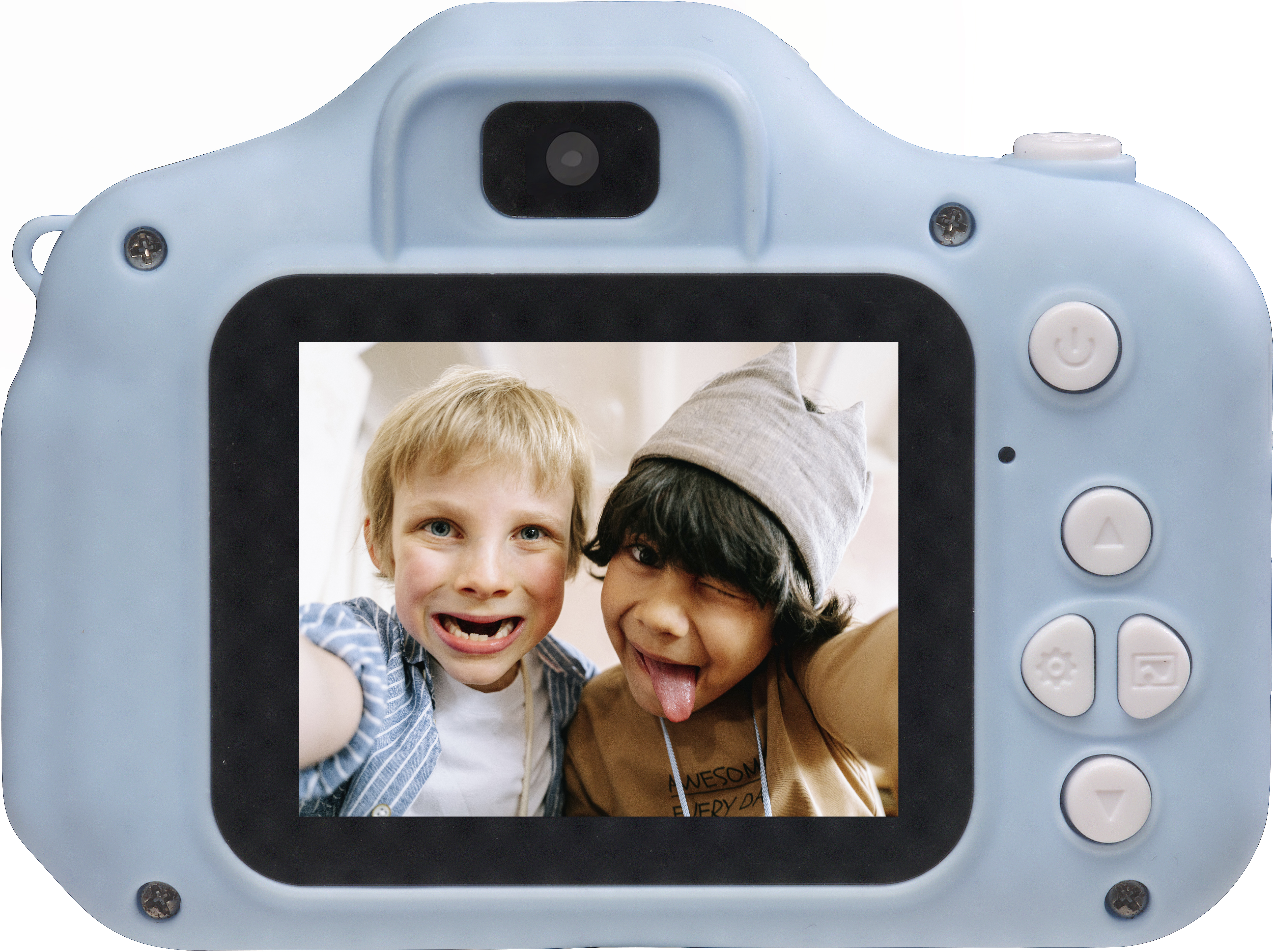 Un appareil photo pour enfants bleu clair avec une photo de deux enfants faisant des grimaces.