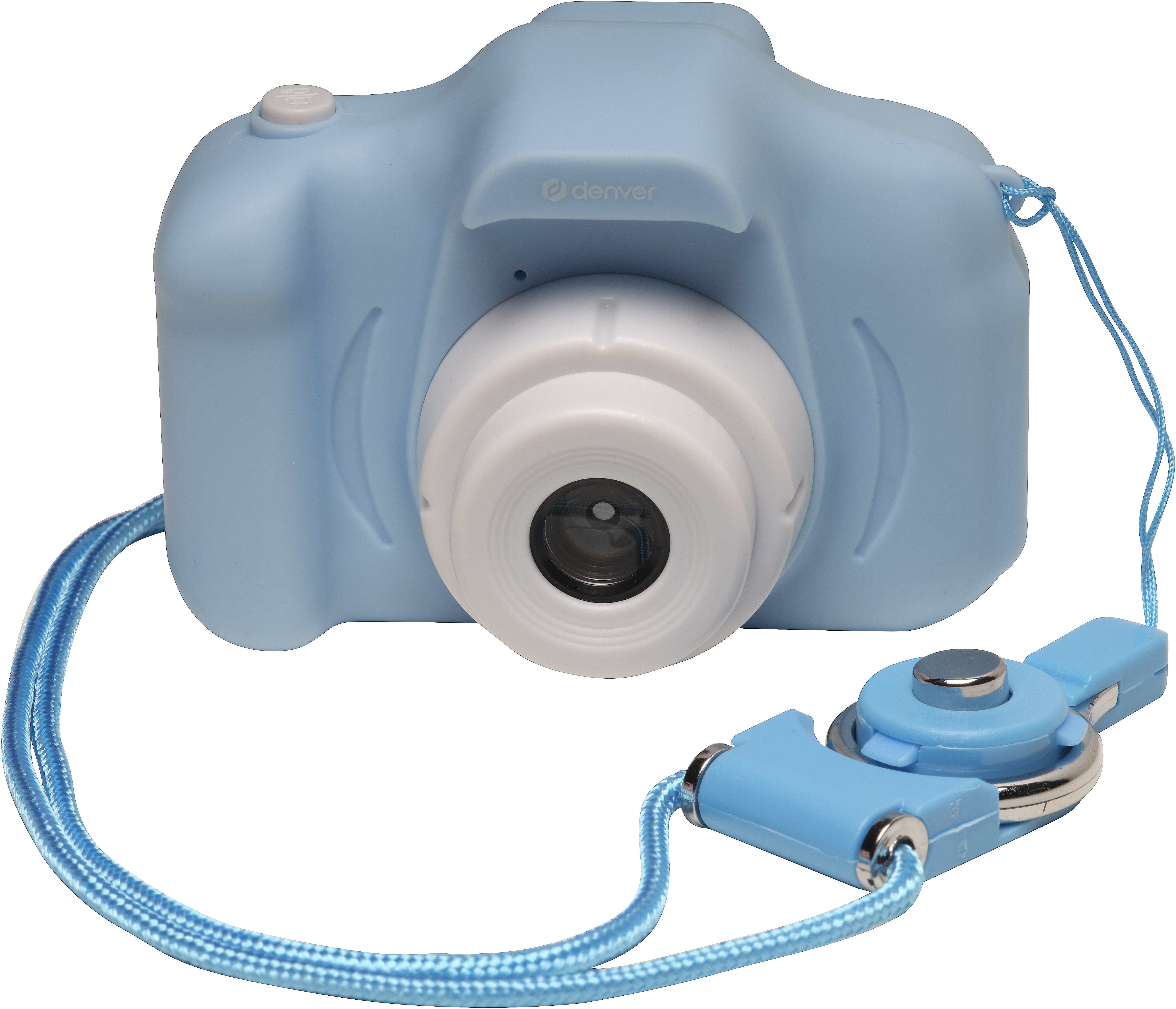 Appareil photo jouet bleu clair avec une sangle bleue. Vue de face, objectif visible.