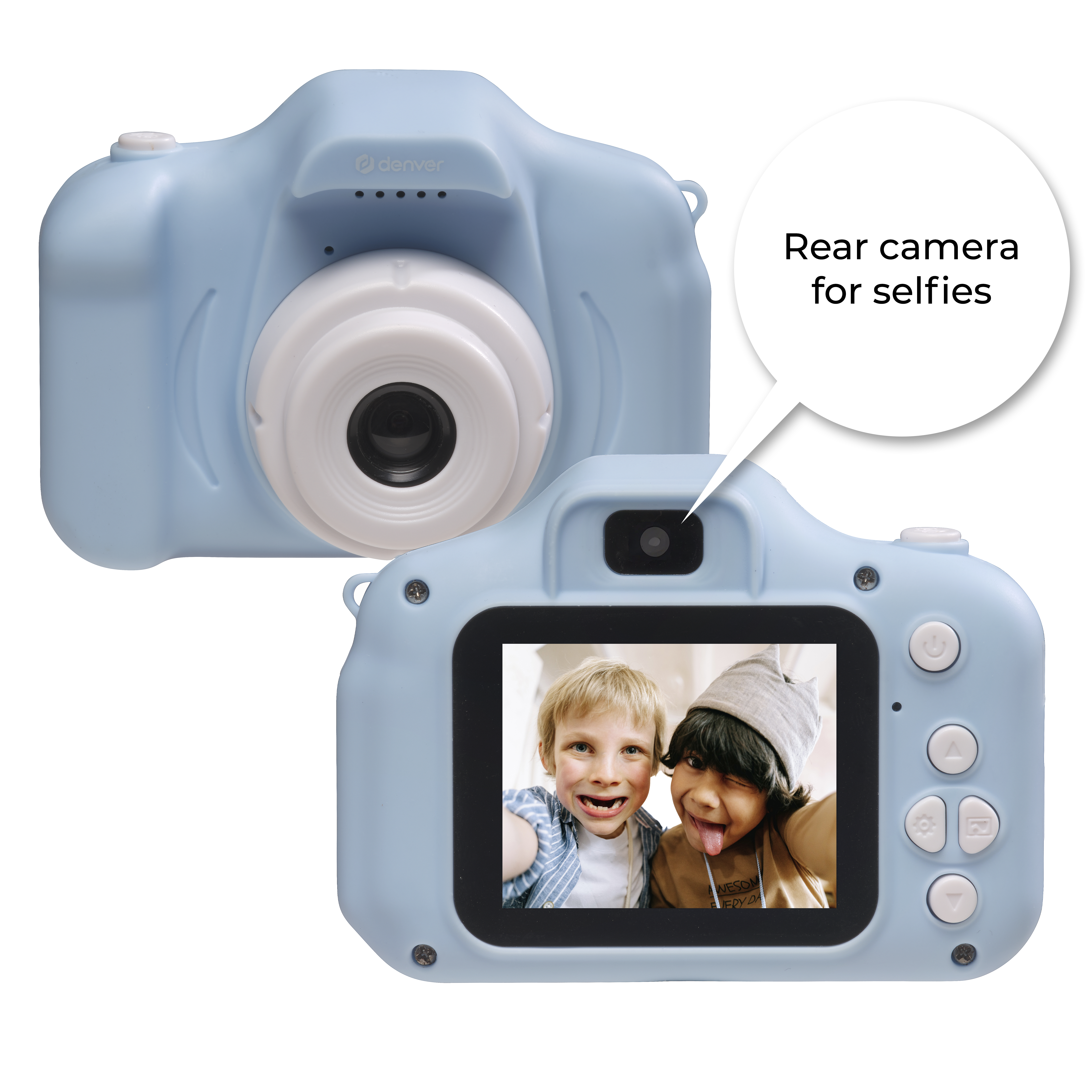 Un appareil photo pour enfants bleu, avec vues avant et arrière.