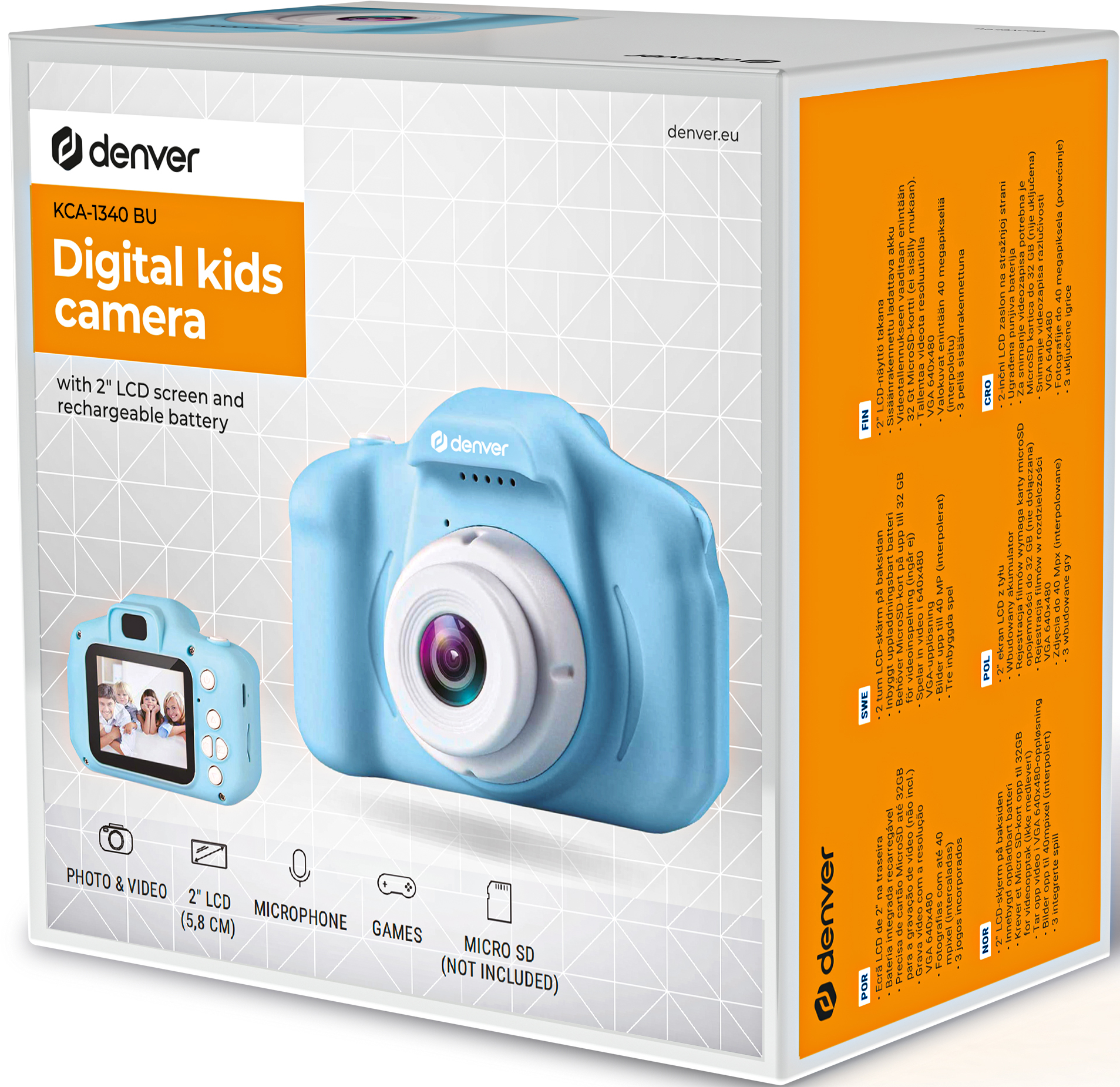 Appareil photo numérique bleu pour enfants dans une boîte, avec écran LCD 2" et batterie rechargeable.