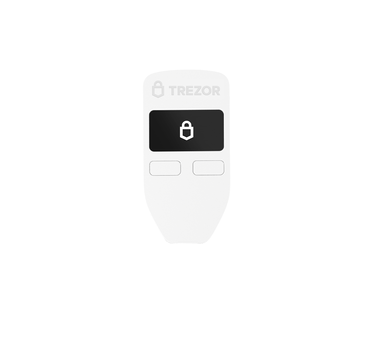 Weißes Trezor Hardware-Wallet. Schwarzer Bildschirm mit Vorhängeschloss-Symbol. Zwei Tasten unten. Weißer Hintergrund.