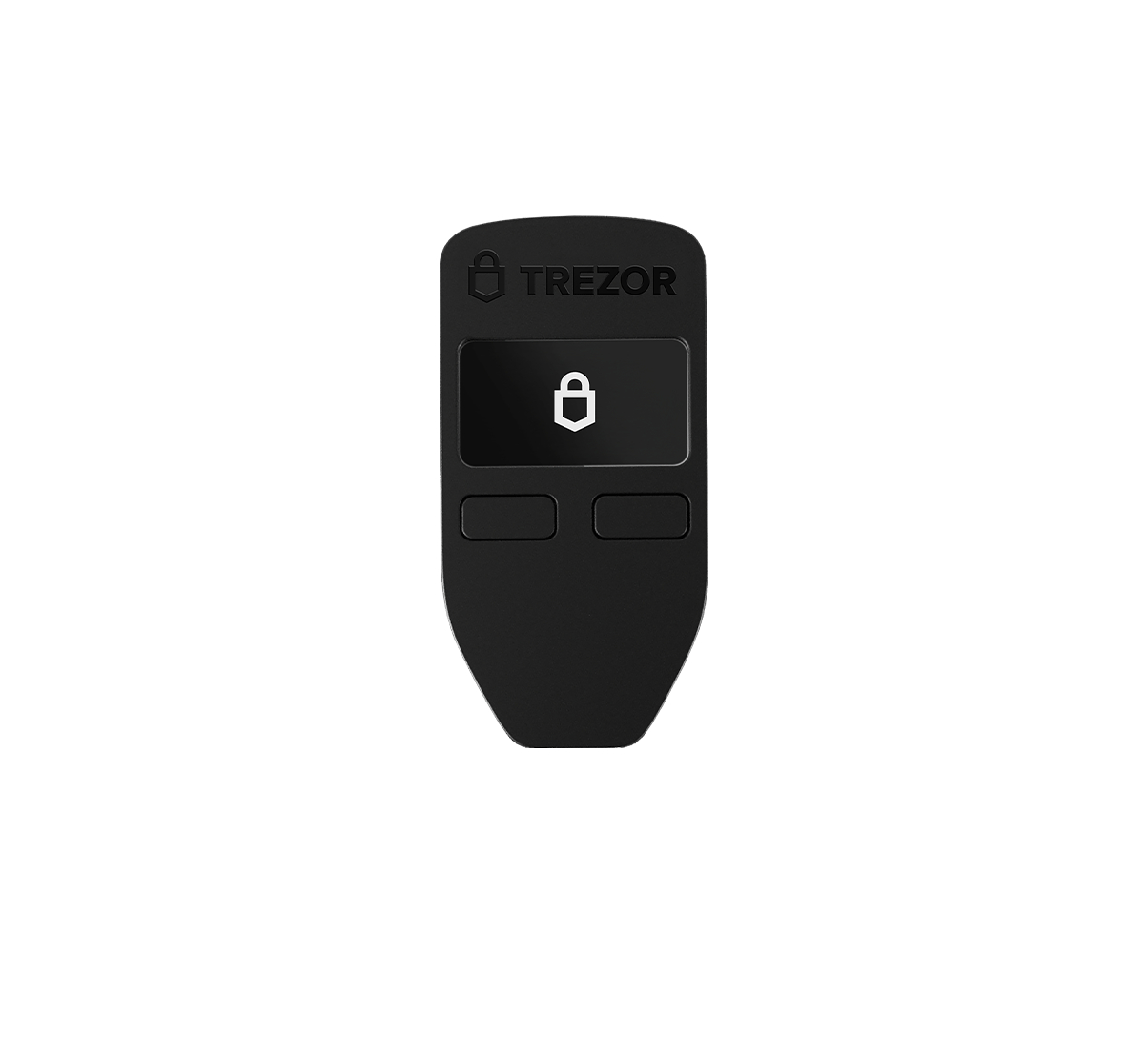Schwarzes Trezor Hardware-Wallet mit Trezor-Logo und Schloss-Symbol auf weißem Grund.