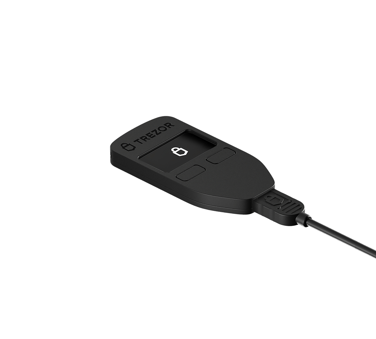 Schwarzes Trezor Hardware-Wallet mit Bildschirm und angeschlossenem USB-Kabel. Weißer Hintergrund.