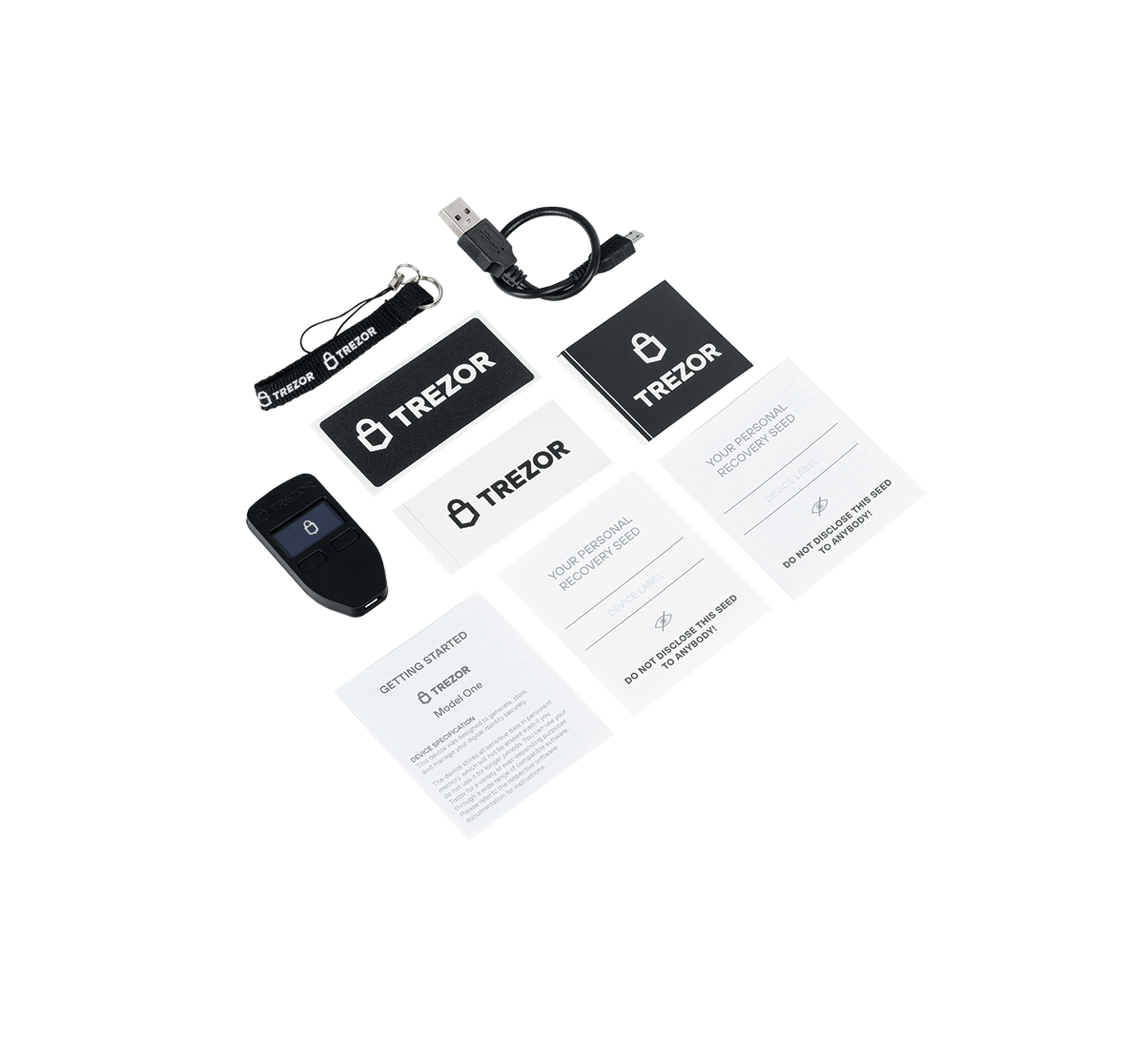 Trezor Gerät und Zubehör: Kabel, Karten und Schlüsselband. Weißer Hintergrund.