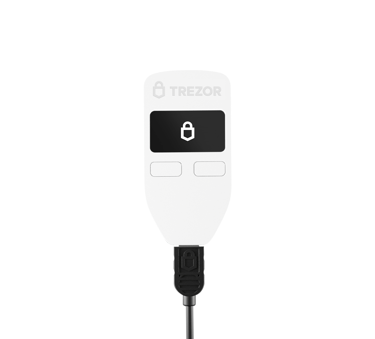 Eine weiße Trezor Hardware-Wallet mit schwarzem Bildschirm und USB-Kabel.