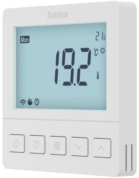 Weißes Hama-Thermostat zeigt 19,2 Grad Celsius, Montag, 21,5 Grad und Symbole für WLAN, eine Hand und eine Uhr an.