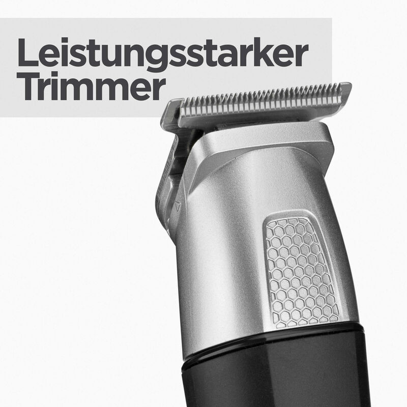 Nahaufnahme eines silber-schwarzen Trimmers mit dem Text 'Leistungsstarker Trimmer' auf weißem Hintergrund.