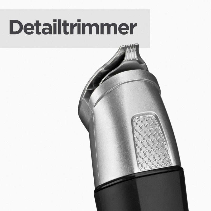 Ein Detailtrimmer, ein silberner und schwarzer elektrischer Haartrimmer.