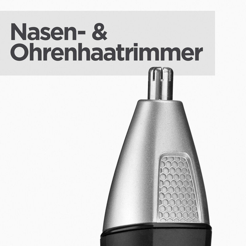 Ein Nasen- und Ohrenhaartrimmer. Der Trimmer ist silberfarben und hat einen schwarzen Sockel. Nahaufnahme.