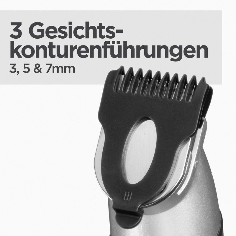 Schwarzer und silberner Trimmerkopf mit Text-Overlay. 3 Gesichtskonturenführungen: 3, 5 & 7 mm.