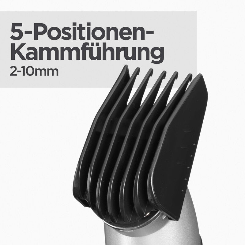 Nahaufnahme eines schwarzen Haarschneideaufsatzes mit 5-Positionen-Kammführung und Zahlen 2-10mm.