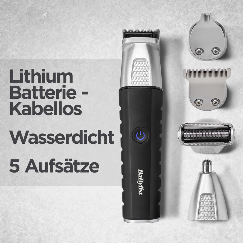 Schwarzer Babyliss Trimmer mit 5 Aufsätzen. Text zeigt wasserdicht und kabellos.