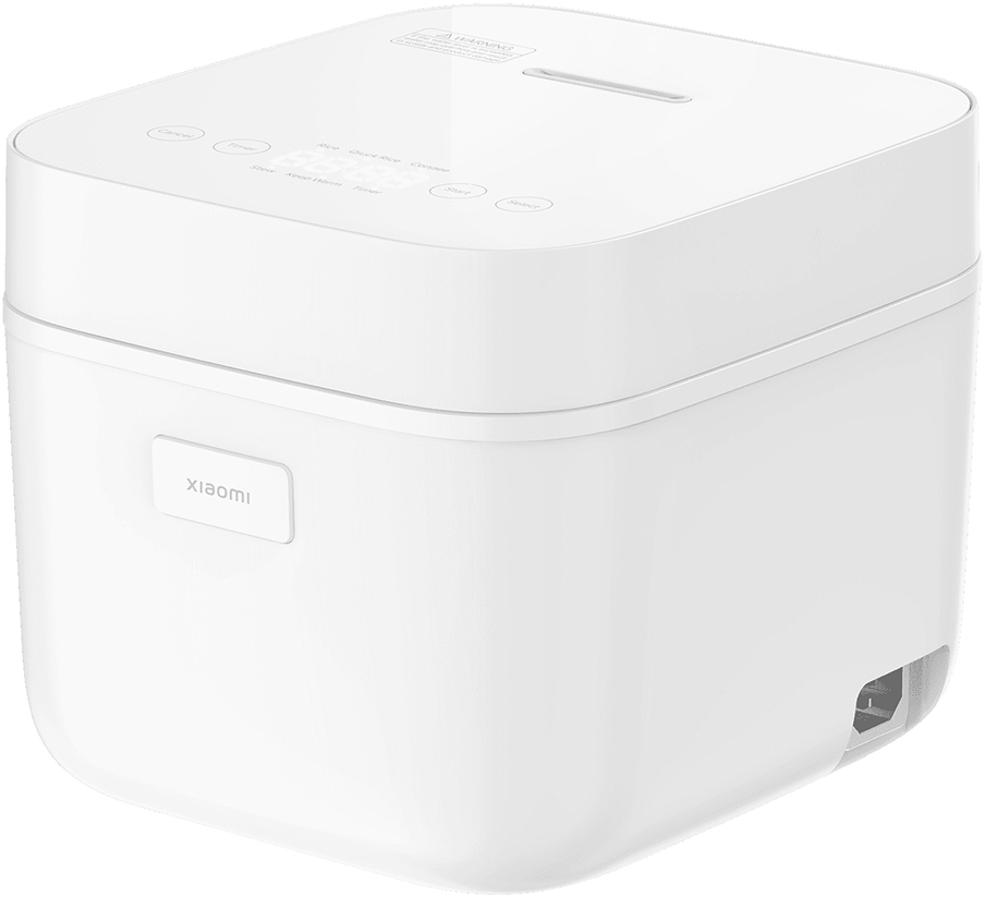 Cuociriso bianco con pulsanti e display. Il marchio 'Xiaomi' è visibile.