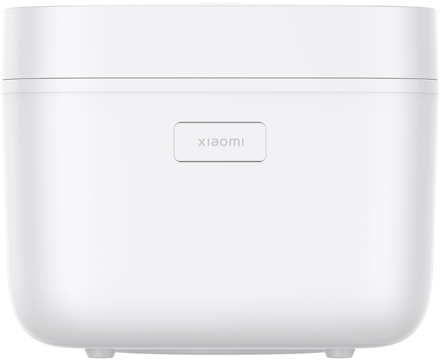 Una cuociriso Xiaomi bianca. Ha un pulsante rettangolare con il nome del marchio sul davanti. Lo sfondo è bianco.