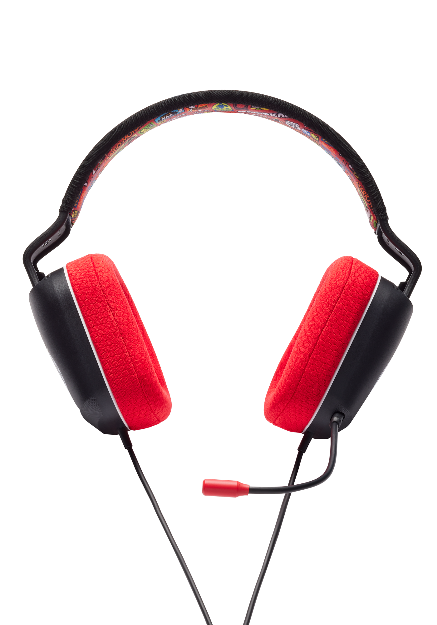 Schwarzes und rotes Gaming-Headset mit Mikrofon. Das Headset ist auf schwarzem Grund.