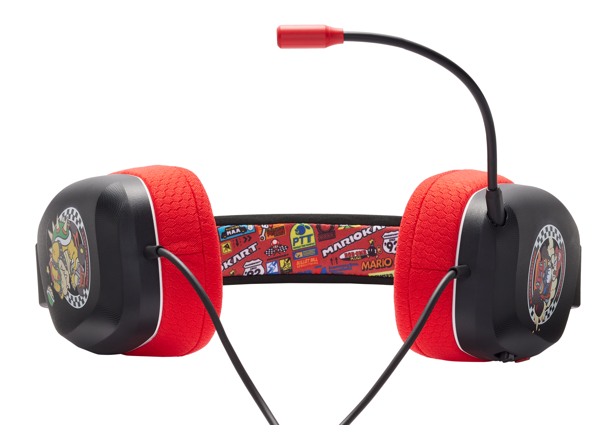 Rote und schwarze Gaming-Kopfhörer. Mario Kart Design auf Ohrmuscheln sichtbar.