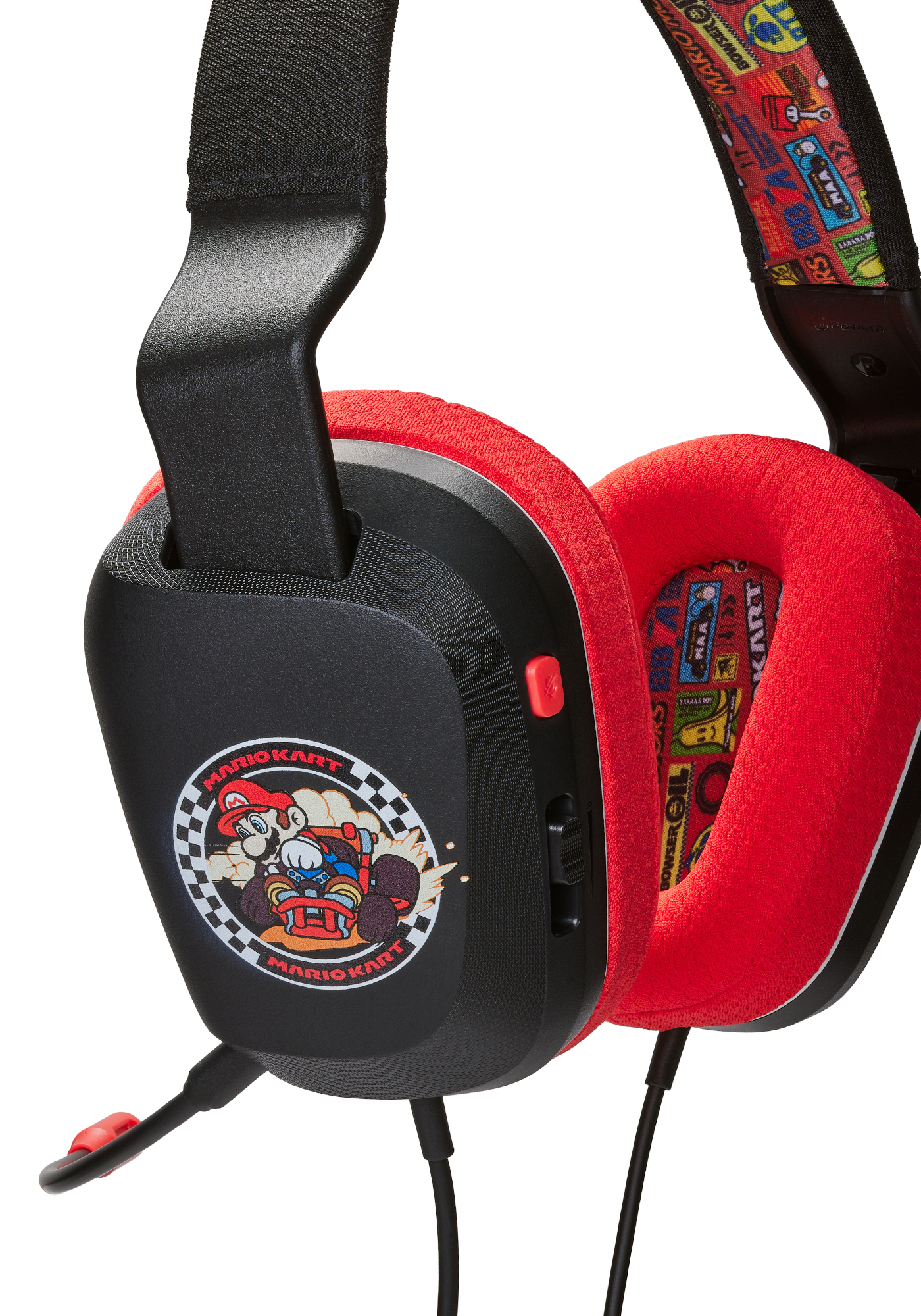 Mario Kart Kopfhörer, mit roten Ohrmuscheln und dem Mario Kart Logo.