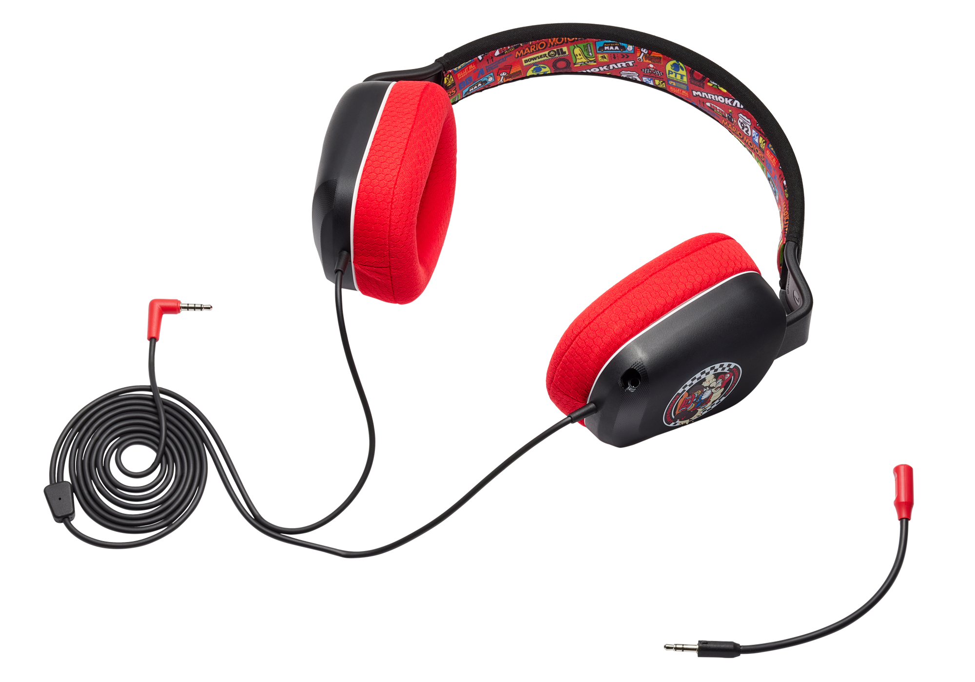 Rote und schwarze Mario-Kopfhörer mit Spiralkabel und zwei Anschlüssen.