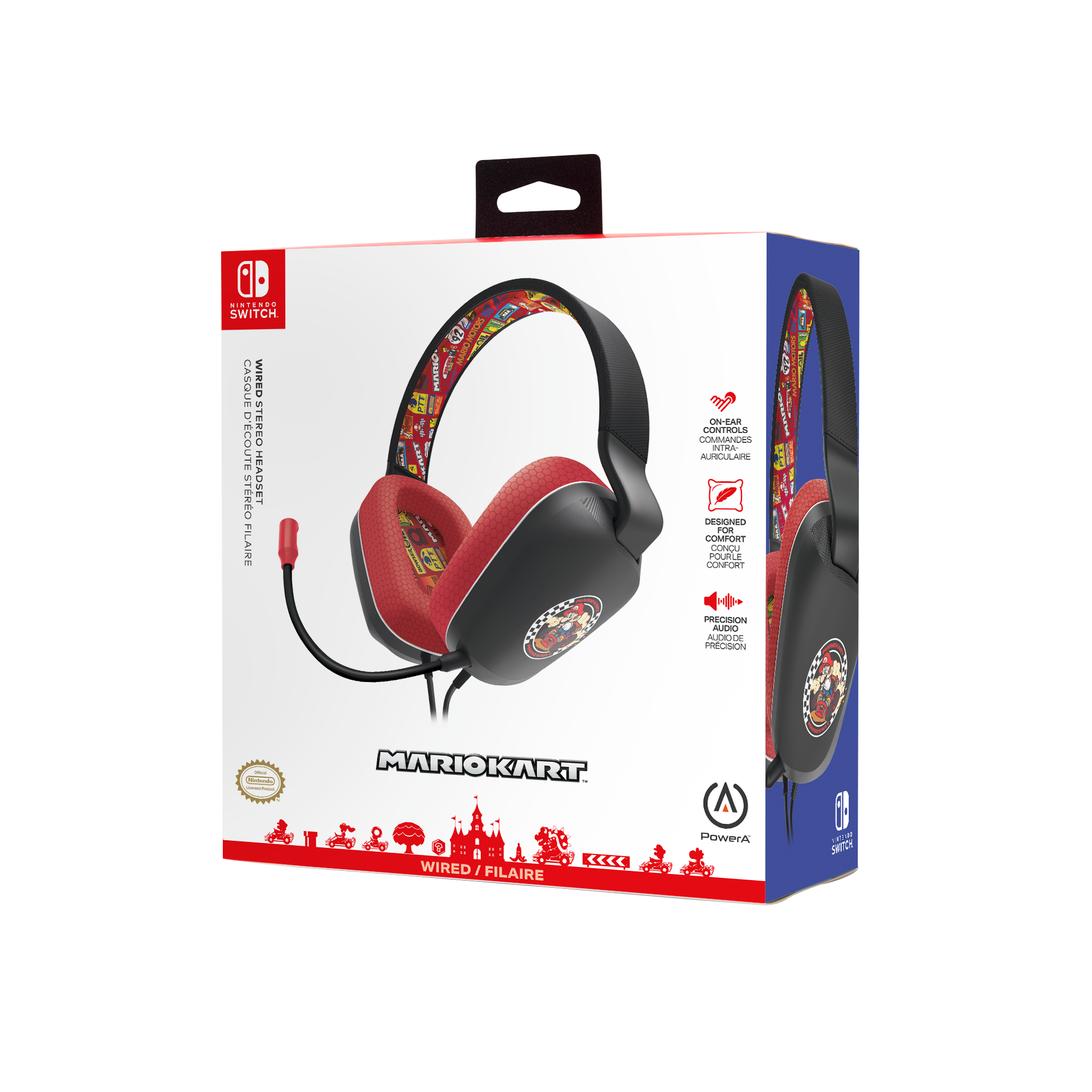 Mario Kart Headset Box. Rotes und schwarzes Headset mit Mikrofon. Weißer Hintergrund.