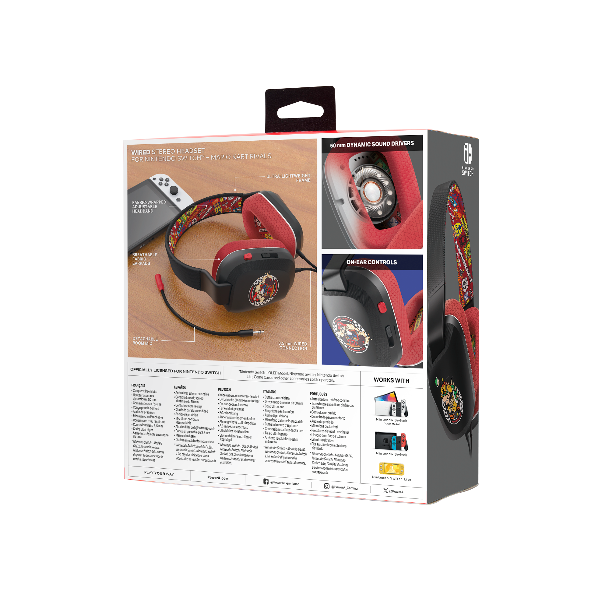 Kopfhörerbox mit Mario Kart-Design. Sie hat rote und schwarze Details. Die Box zeigt das Headset, Funktionen und Nintendo Switch-Kompatibilität.