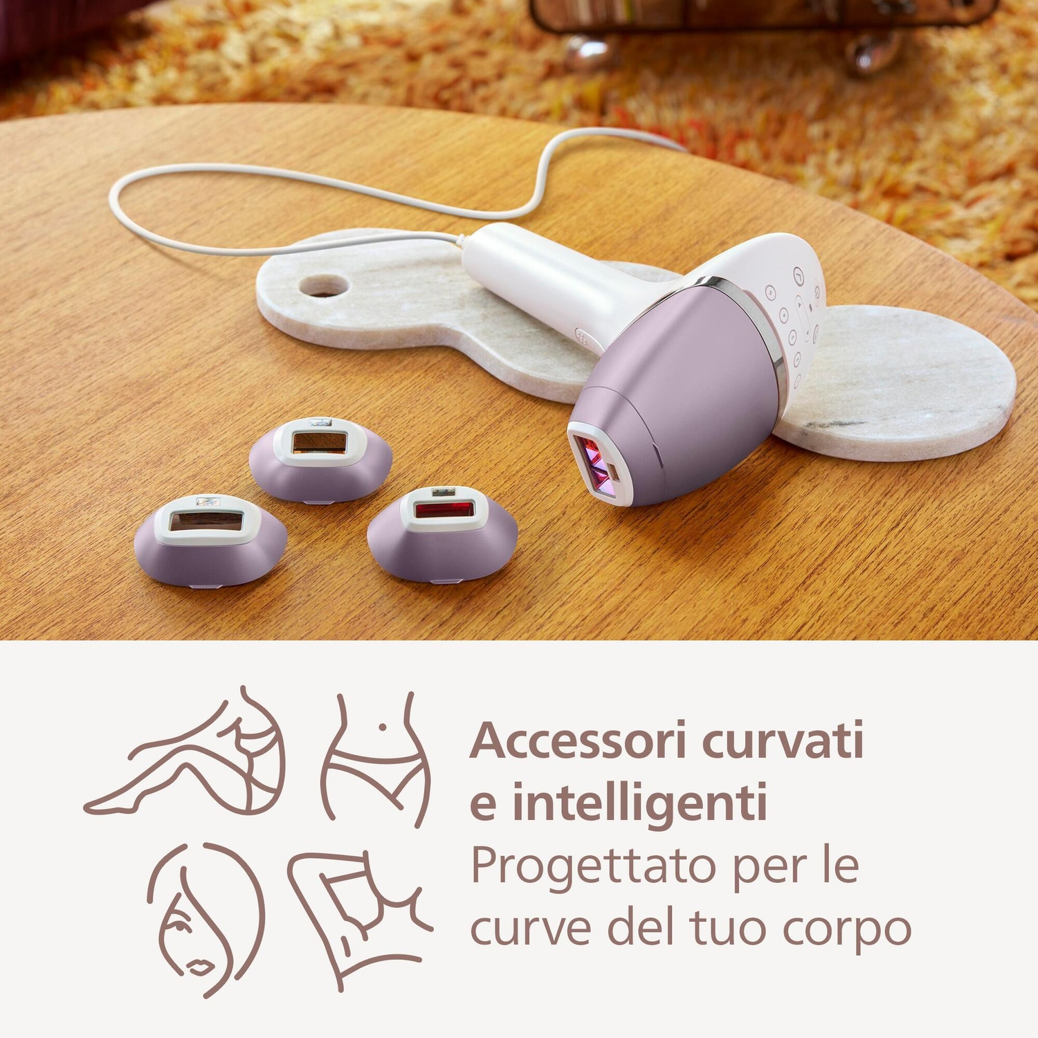 Dispositivo IPL con tre accessori e testo sulle aree curve del corpo.