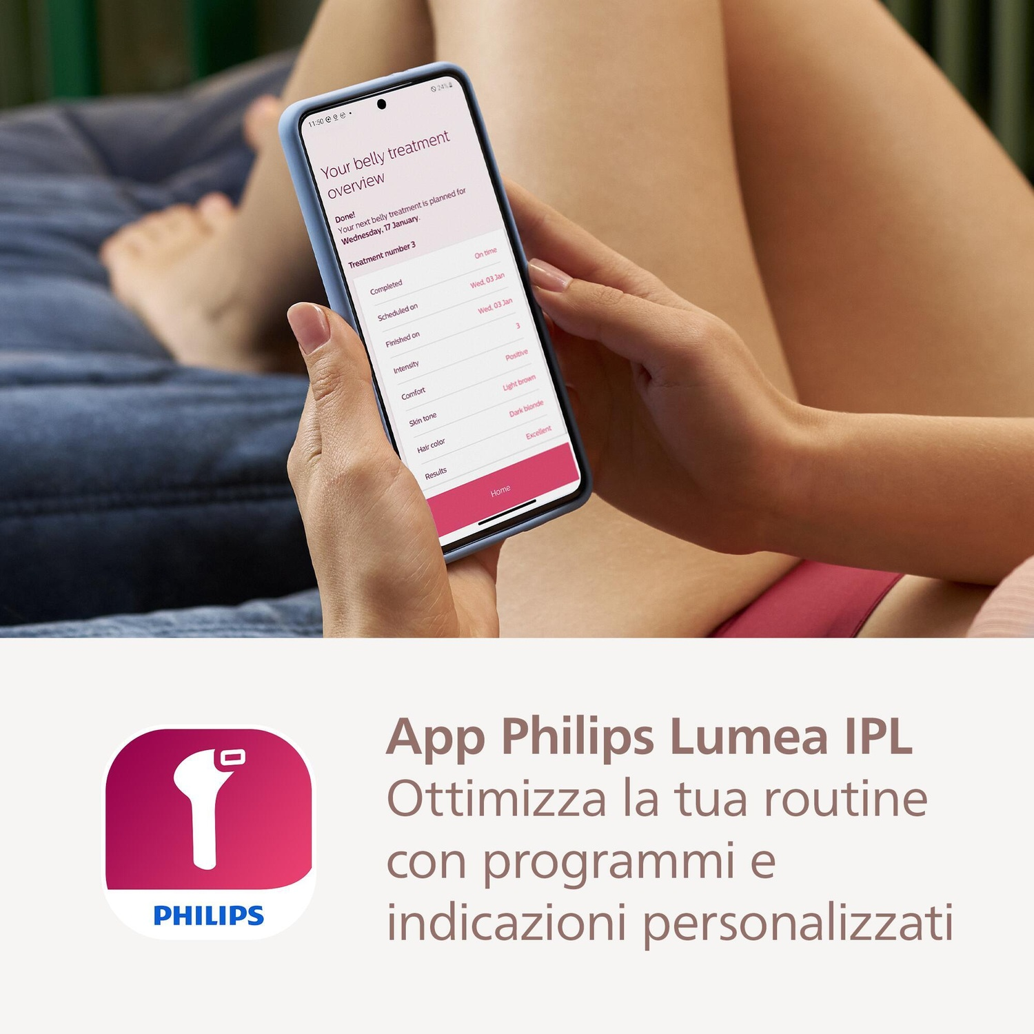 Una persona che tiene un telefono che mostra una panoramica del trattamento con il logo Philips.
