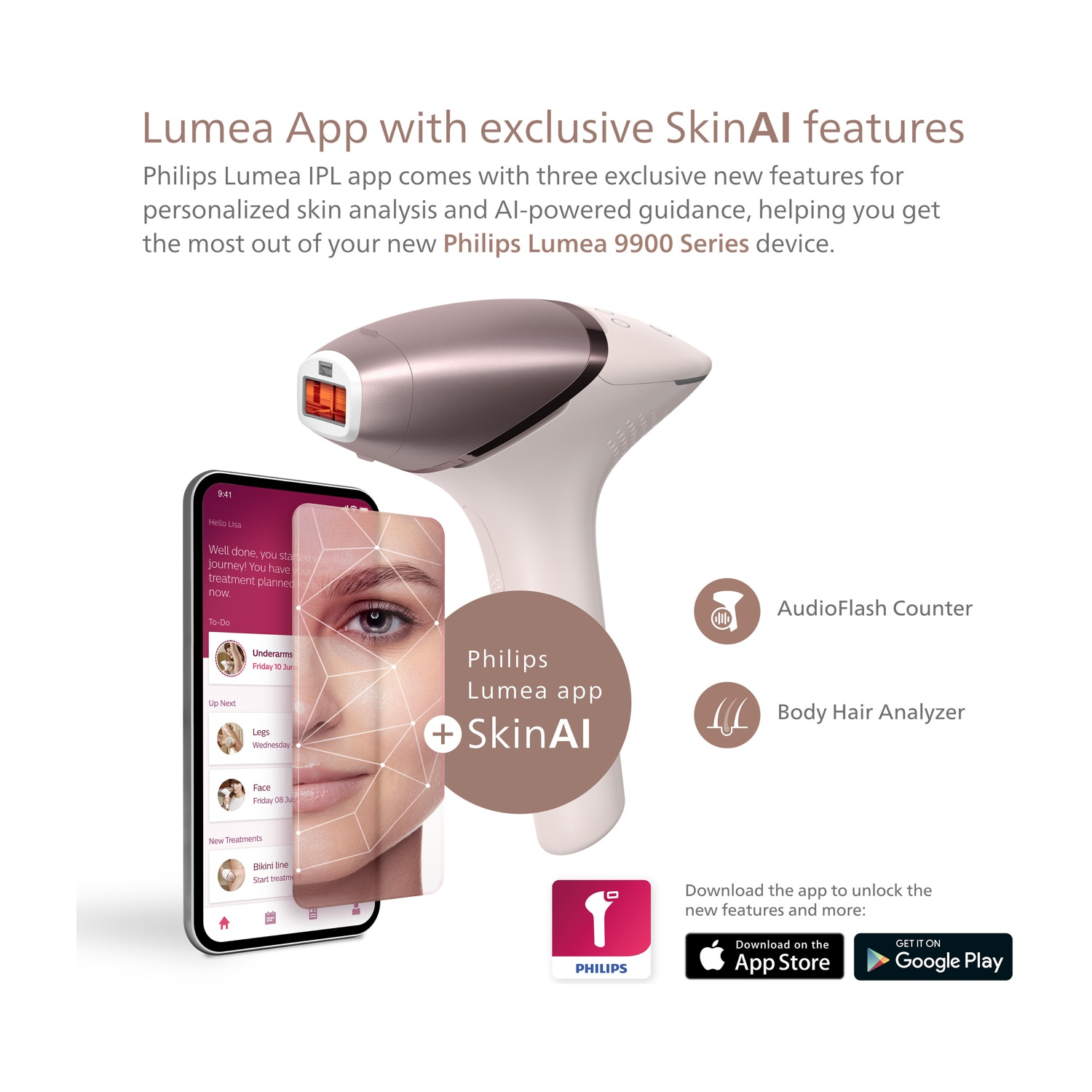 Dispositivo Philips Lumea IPL con app SkinAI su un'interfaccia smartphone.