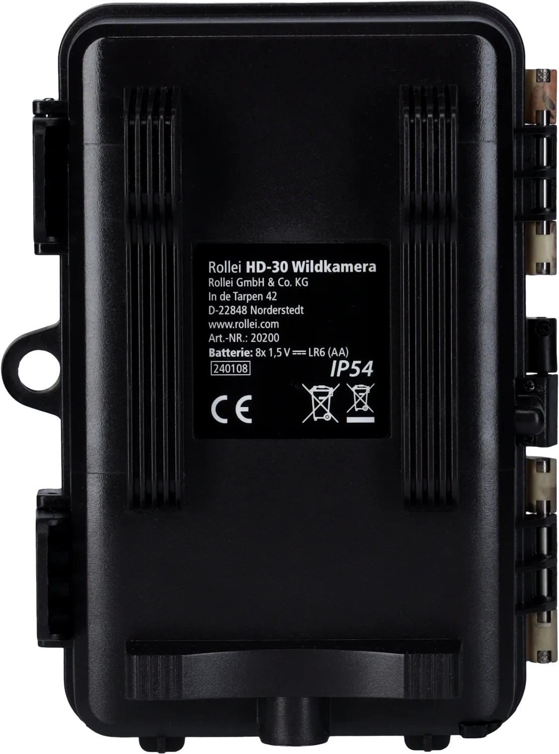 Eine schwarze Kamera mit Text, einem CE-Zeichen und einem Recyclingsymbol auf der Rückseite.
