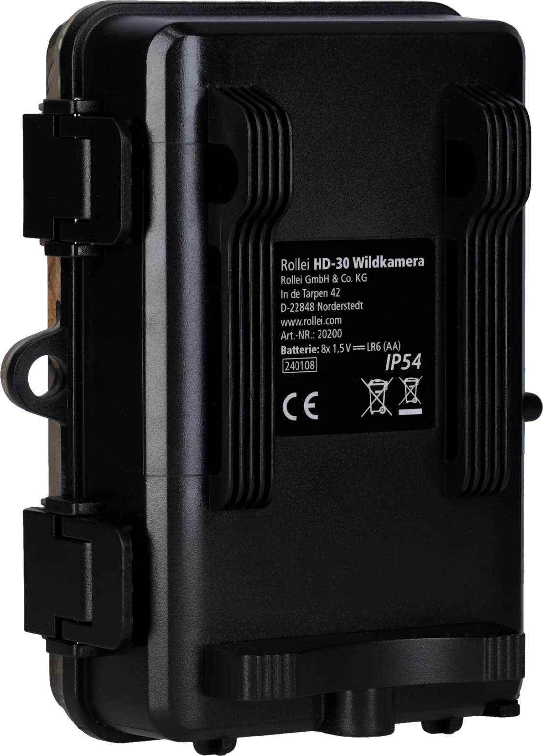 Schwarze Kamera mit kastenförmiger Form und Details auf der Rückseite.