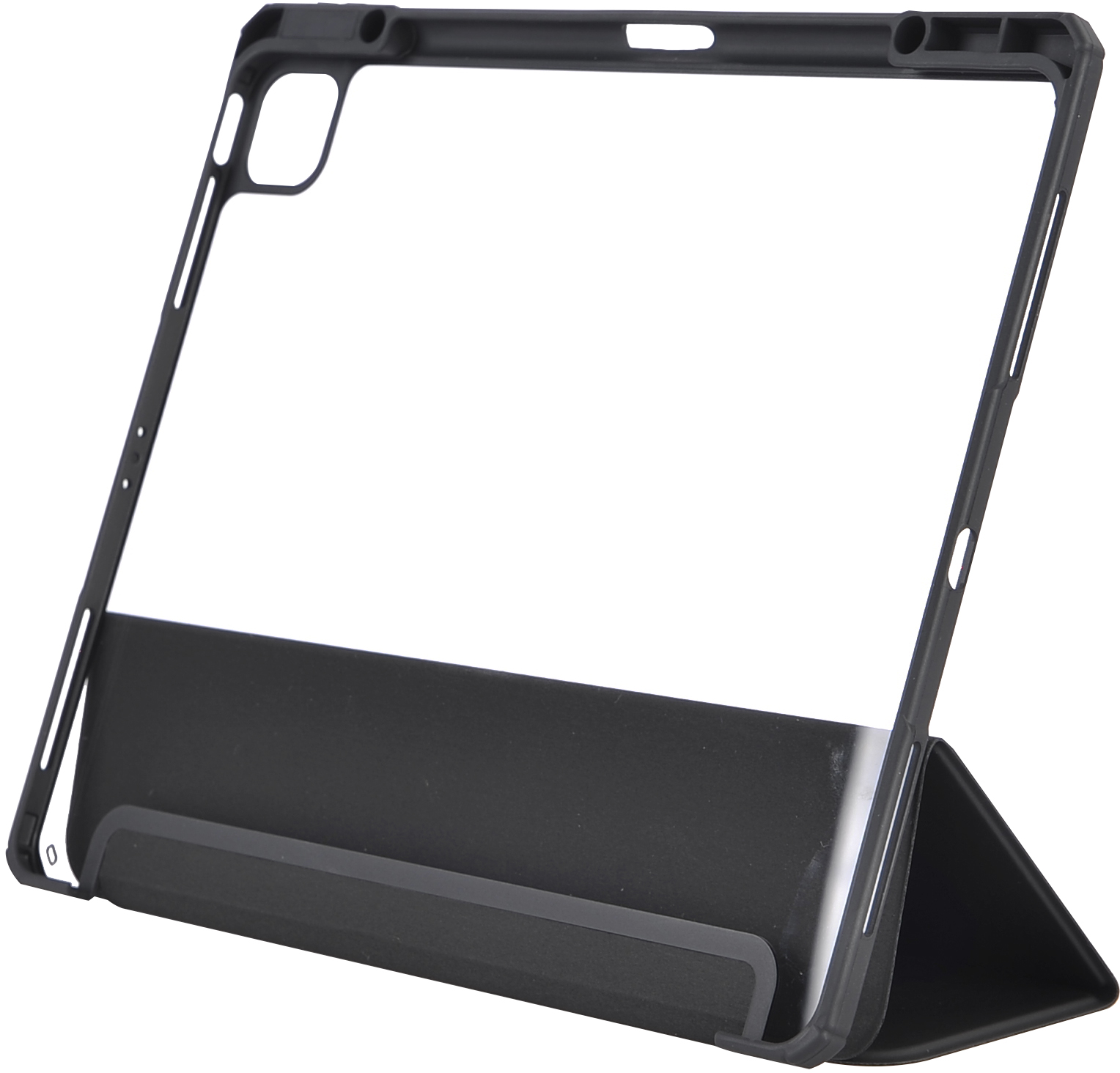 Custodia nera per iPad. La custodia è trasparente. Sta in piedi da sola. Lo sfondo è bianco.