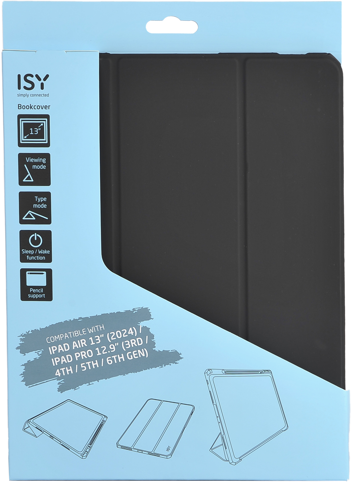 Custodia per iPad Air 13" nera con testo e icone su sfondo azzurro.