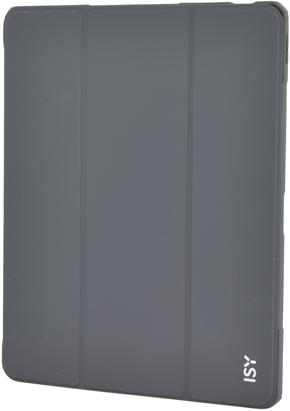 Custodia grigia per tablet con tre pieghe verticali.