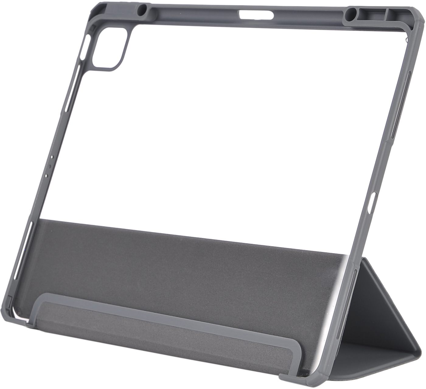 Una custodia trasparente per tablet con supporto e cornice grigi. La custodia è aperta e vuota.