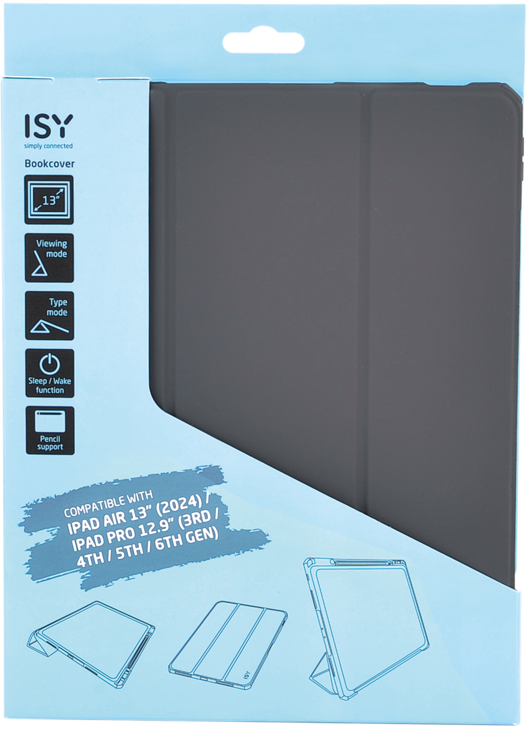 Confezione custodia ISY iPad grigia con caratteristiche del prodotto e immagine della custodia.