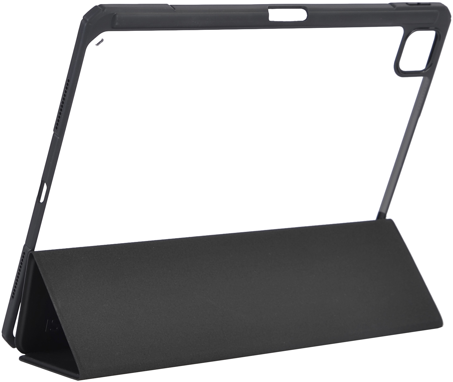 Custodia iPad nera, aperta per rivelare lo schermo con una cornice in plastica trasparente.