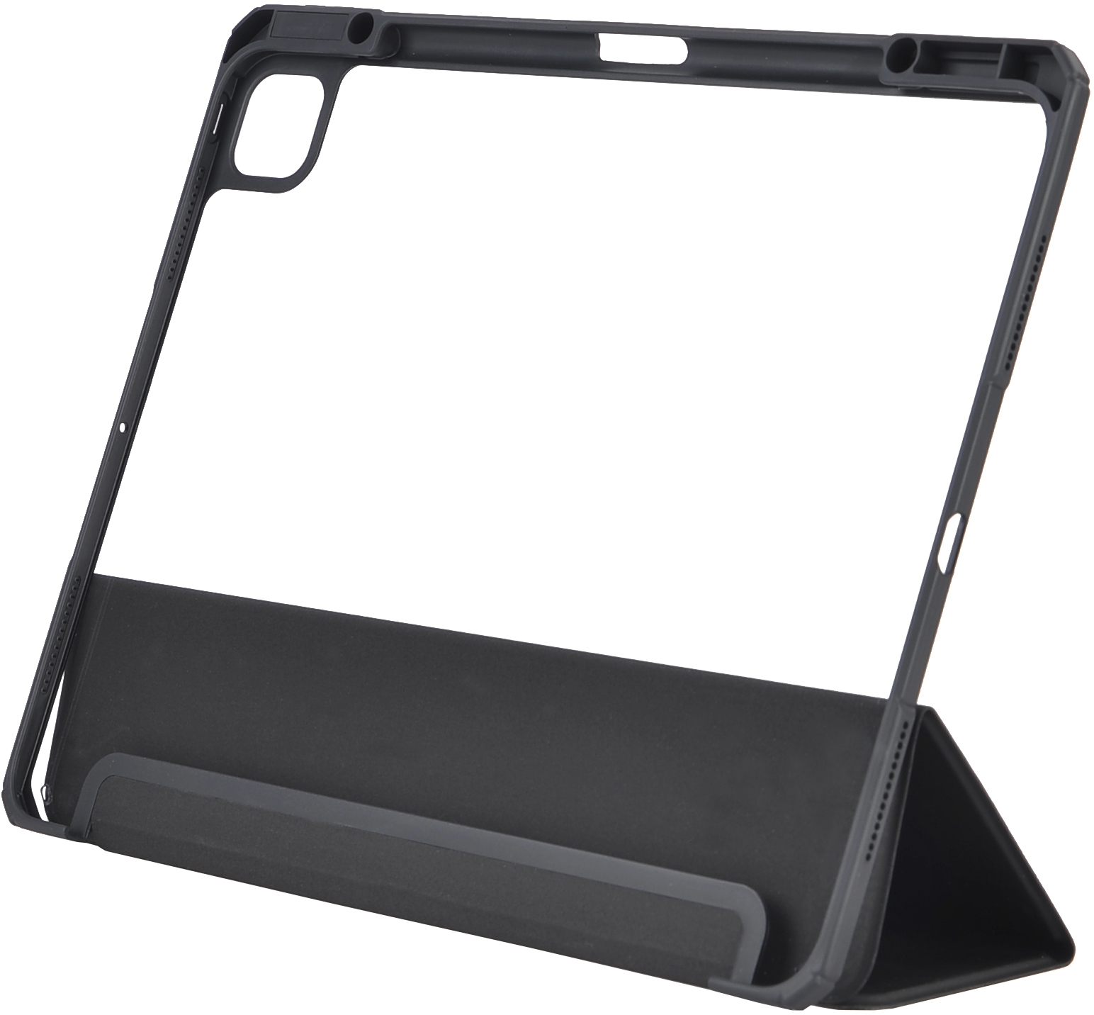 Custodia nera per tablet con cornice e supporto, aperta, con un vuoto a forma di tablet.
