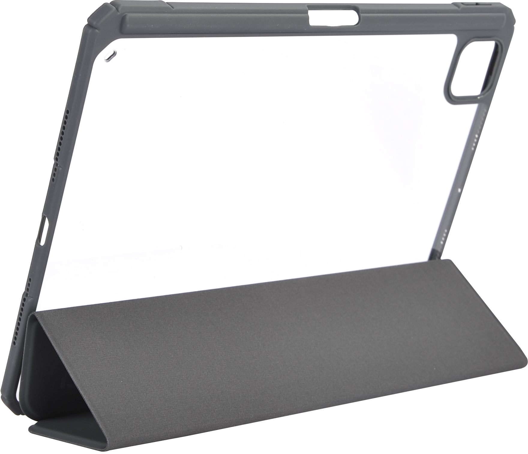 Custodia grigia per tablet con schermo trasparente.
