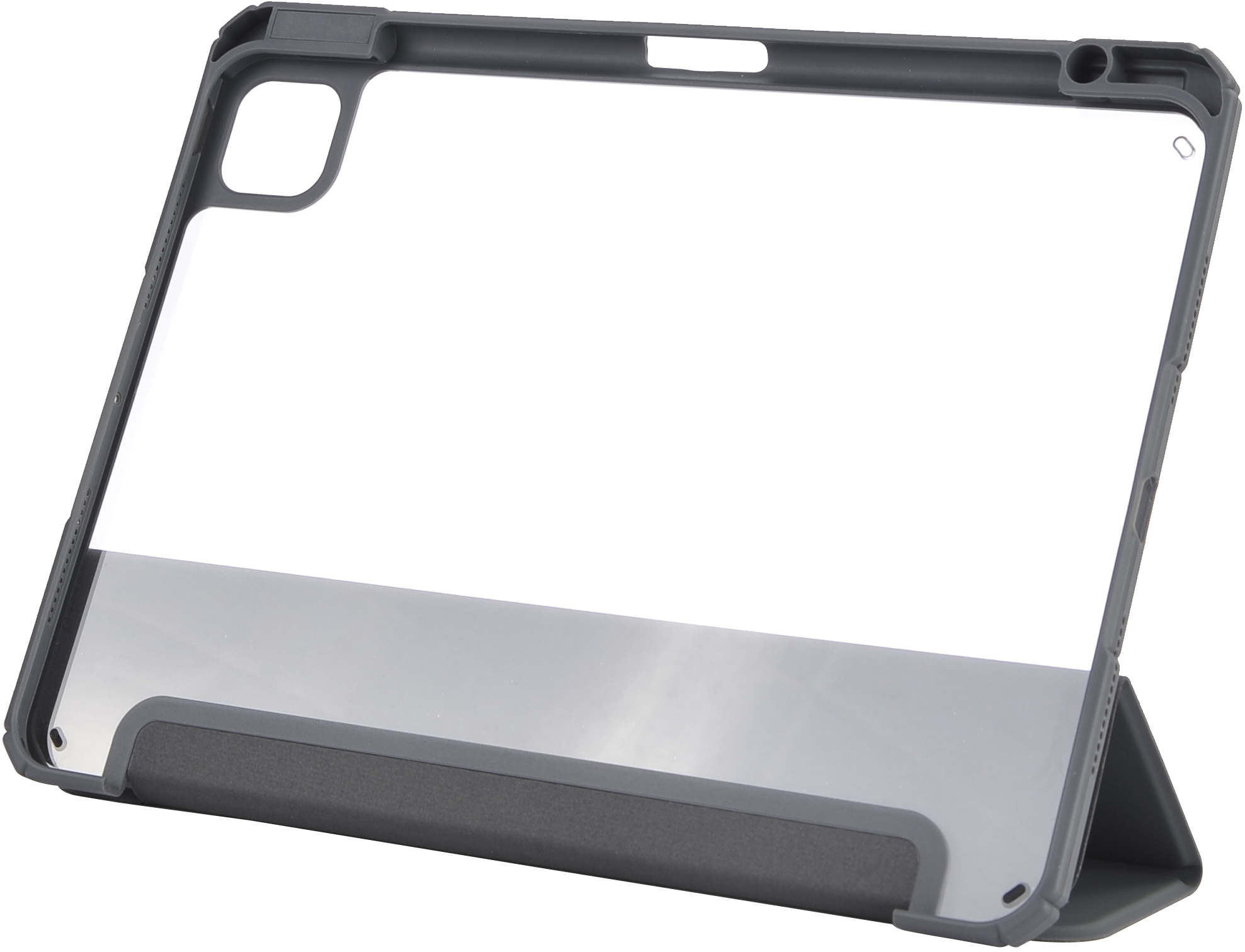 Custodia trasparente per iPad con cornice grigia e cavalletto, con tablet parzialmente inserito e visibile.