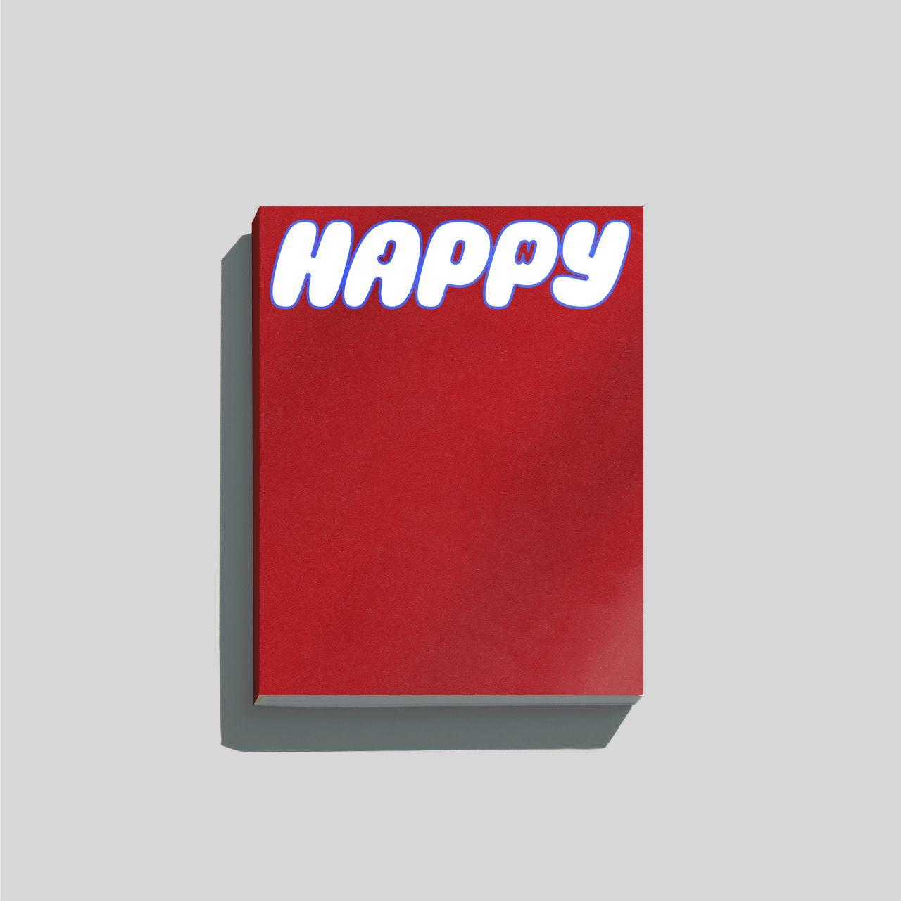 Rotes Buchcover mit dem Wort 'HAPPY' in weißen und blauen Buchstaben. Das Cover befindet sich auf grauem Hintergrund.