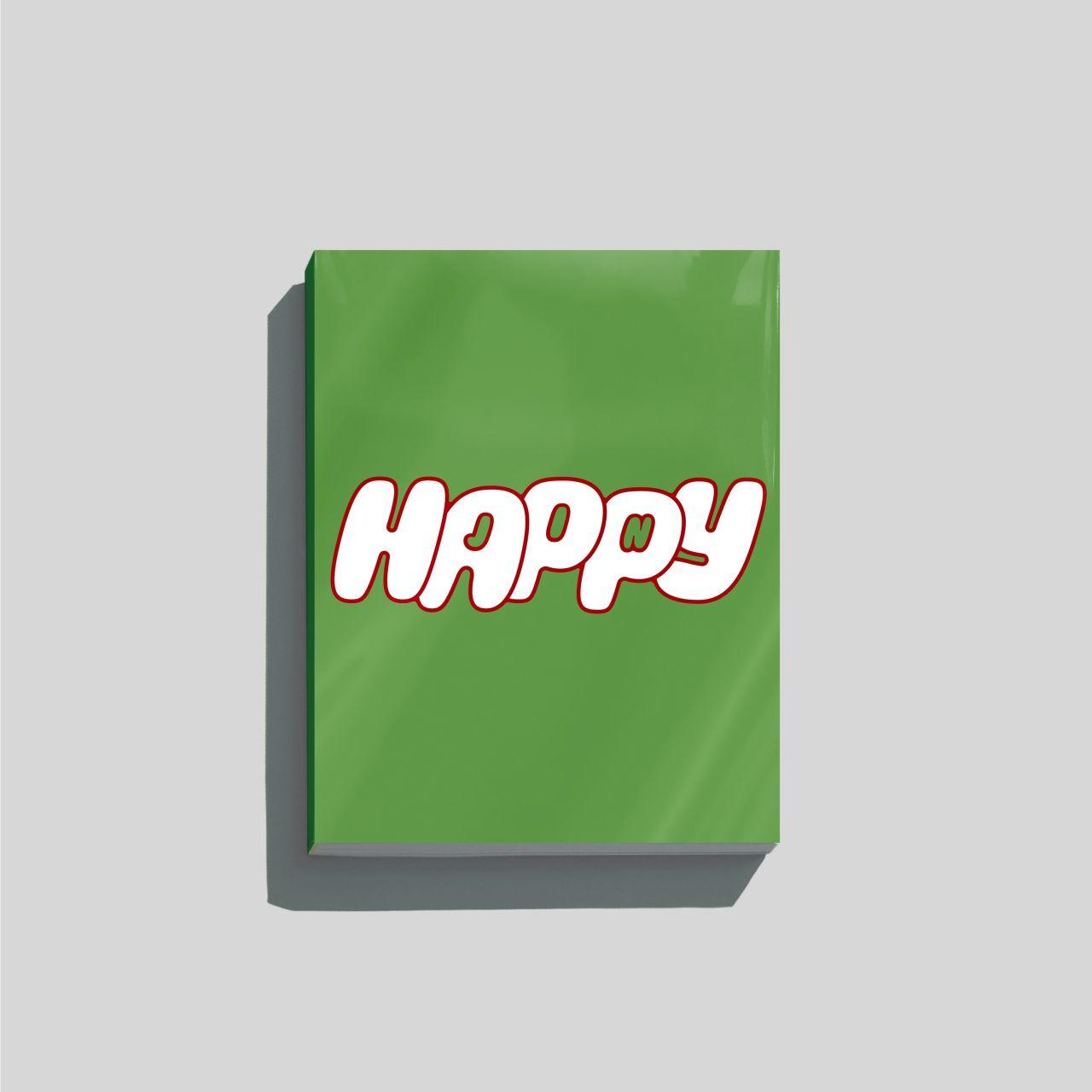 Grüner Buchumschlag mit dem Wort "HAPPY" in Weiß mit roten herzförmigen O's.