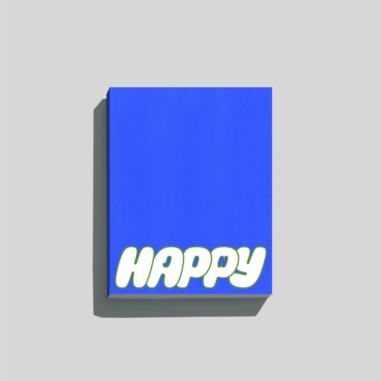 Buchcover. Blaues Buch mit dem Wort HAPPY in Weiß mit grünem Umriss.