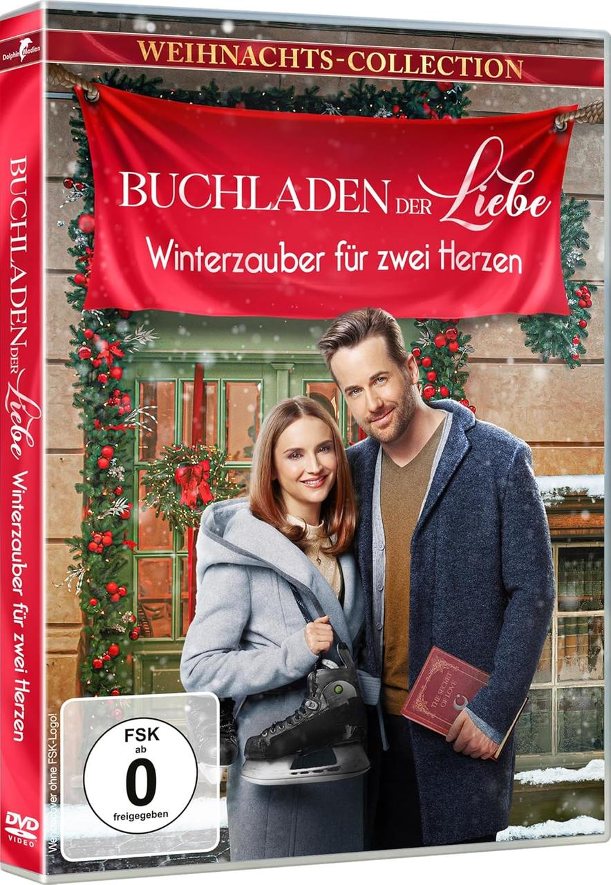 DVD-Hülle: Ein Paar steht vor einer dekorierten Tür, mit dem Titel „Buchladen der Liebe“.