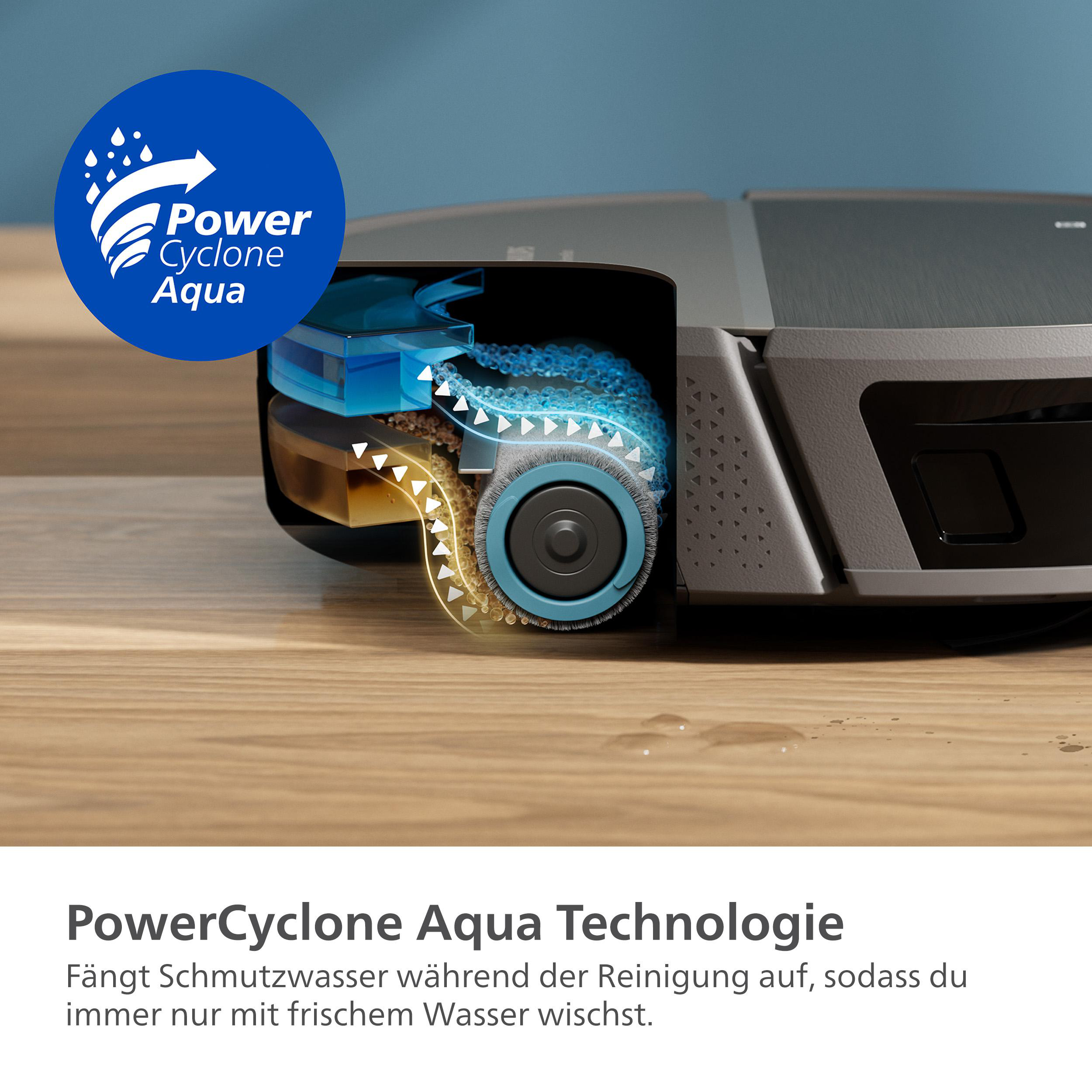 Roboter-Staubsauger mit Ausschnitt, der Reinigungsbürste und Wassersystem auf Holzoberfläche zeigt.