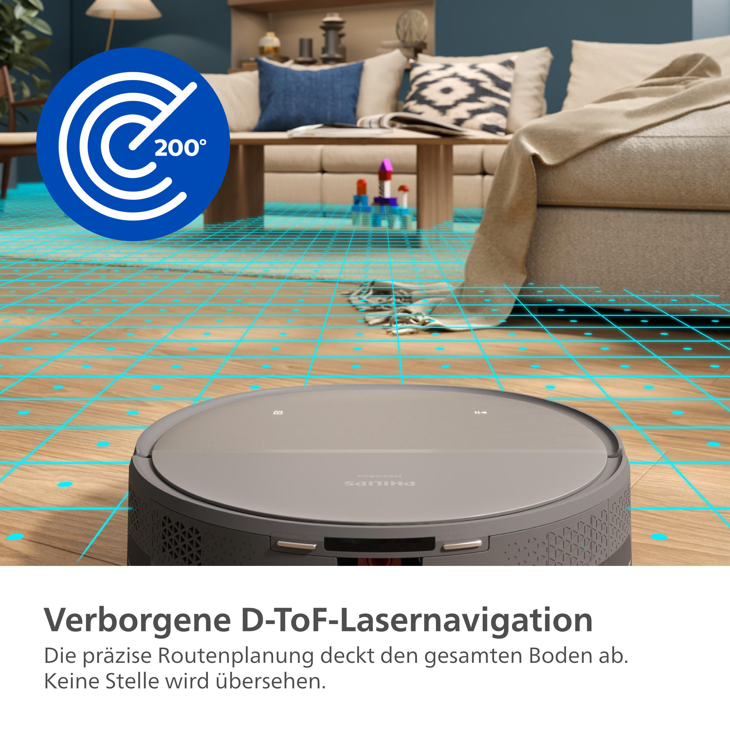 Roboter-Staubsauger auf Holzboden. Blaues Raster und Text mit 200° Abdeckung.