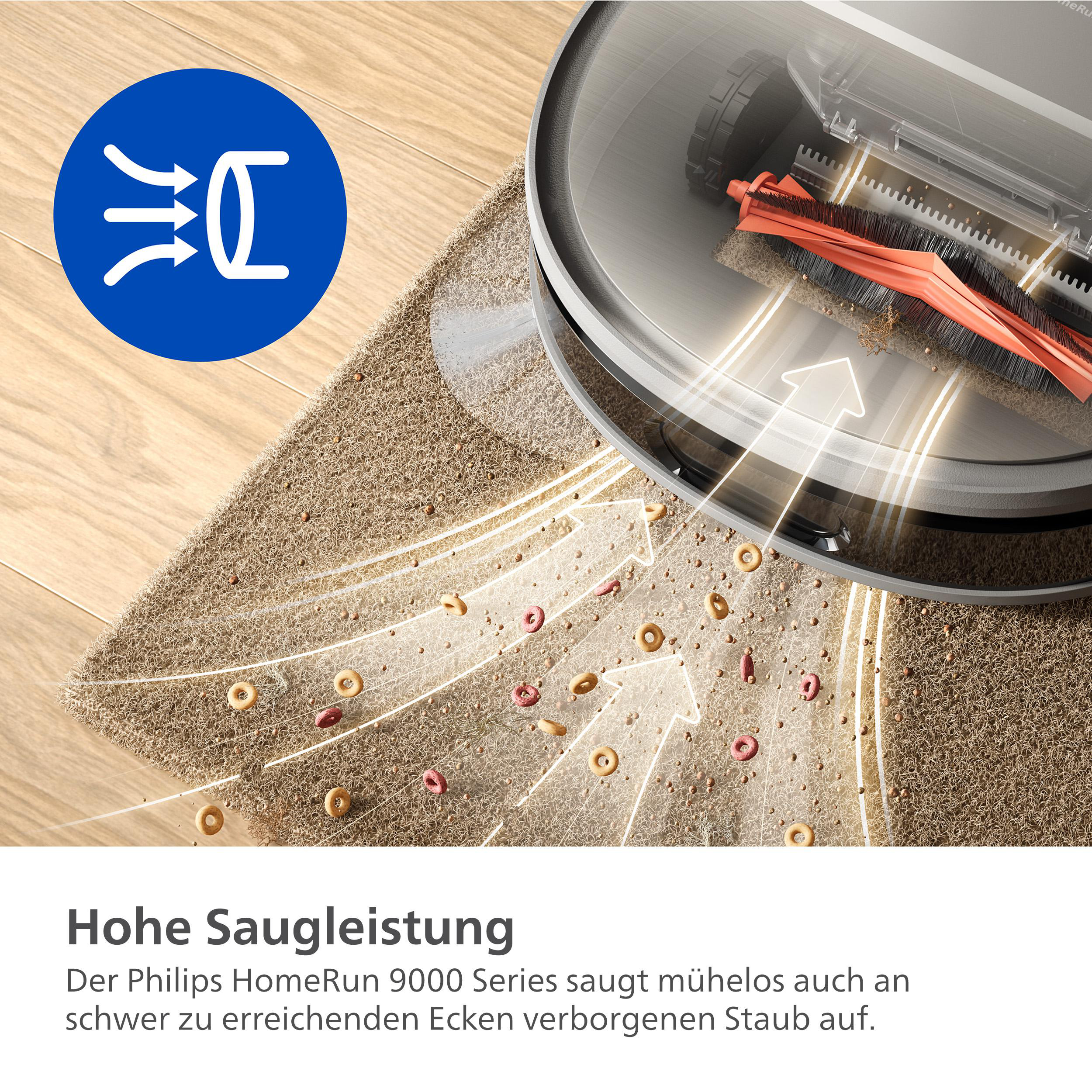 Roboter-Staubsauger, der einen Teppich reinigt, Nahaufnahme, weiße Pfeile.