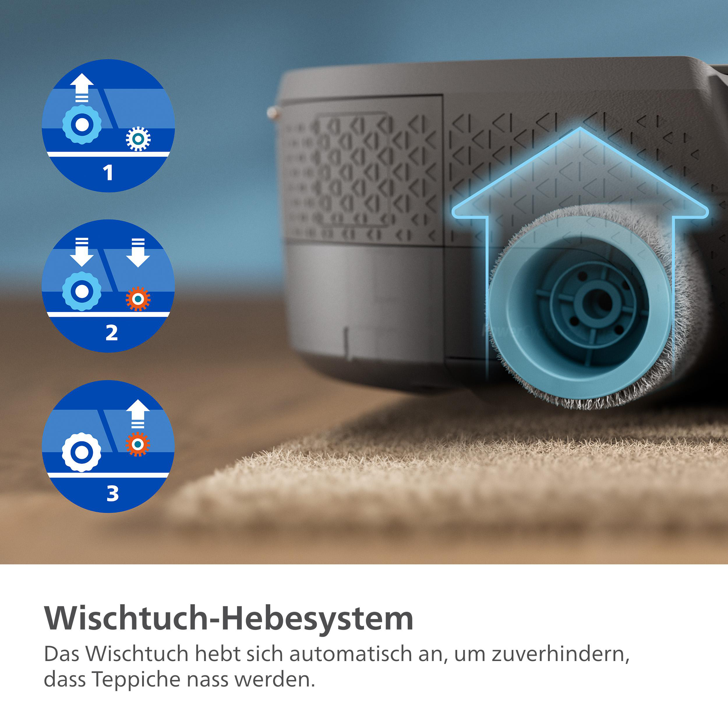 Nahaufnahme eines Staubsaugers, der einen Reinigungskopf und Diagramme des Reinigungsprozesses zeigt.