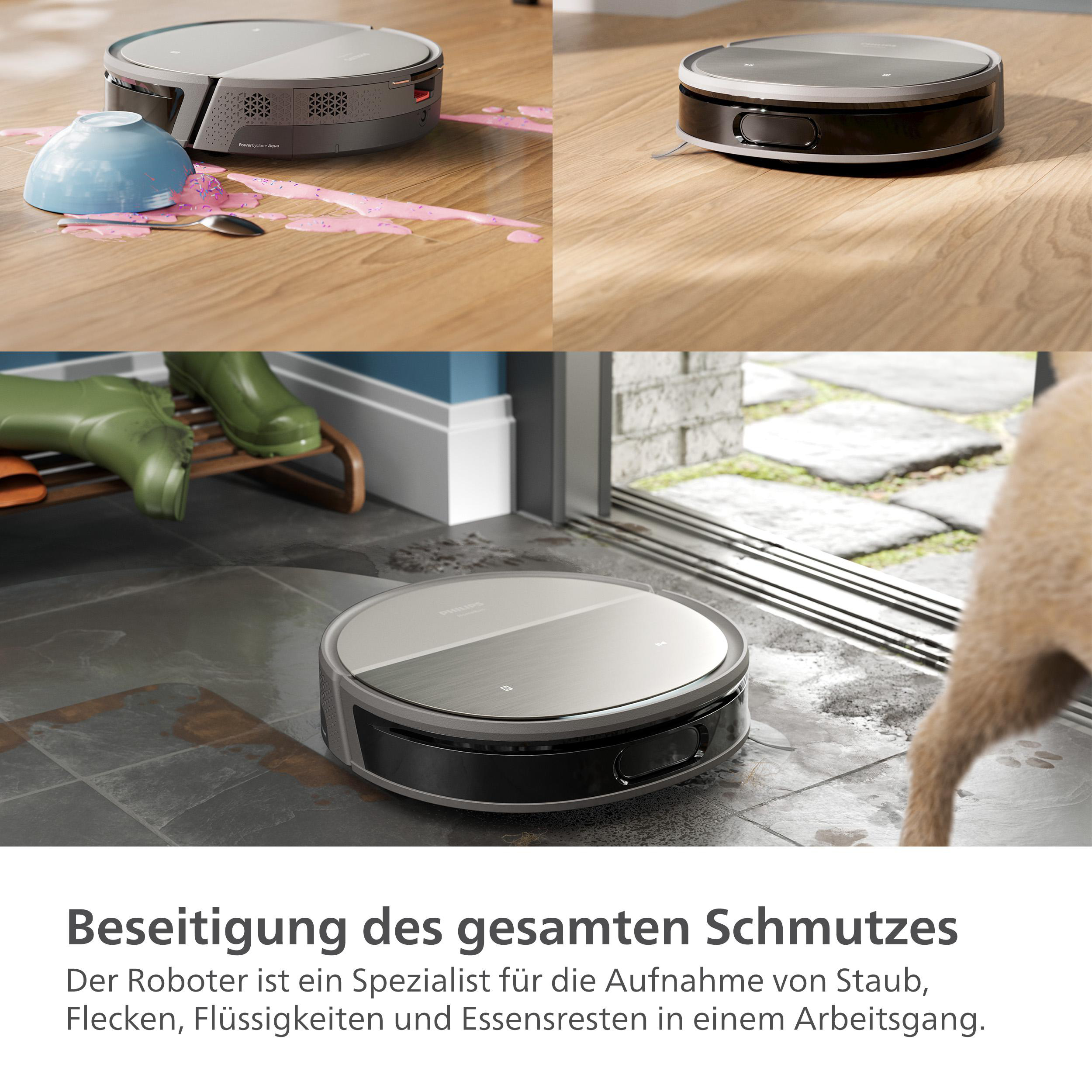 Roboterstaubsauger reinigt verschiedene Oberflächen. Zeigt verschüttetes, Schmutz und Hund.