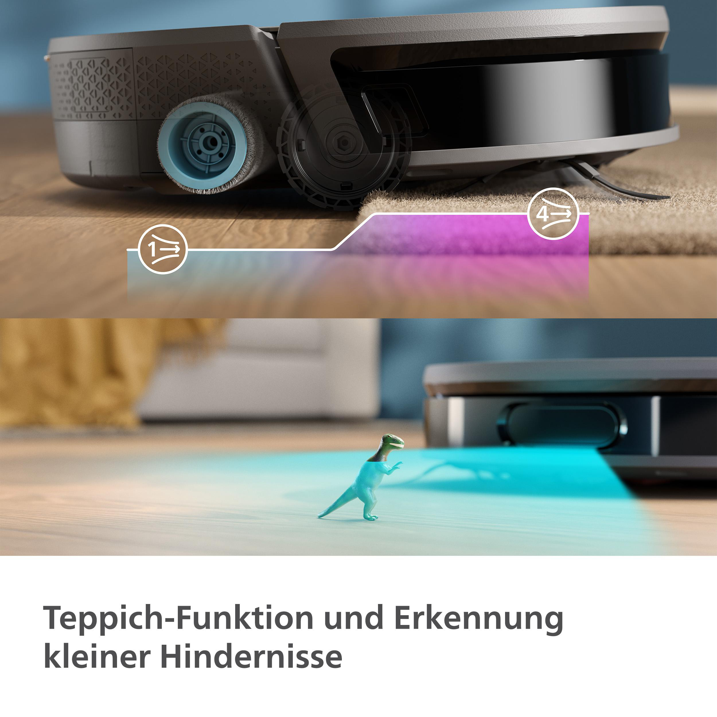 Detailansicht des Roboter-Staubsaugers. Bürste und Dinosaurier-Spielzeug. Text über Teppichfunktion.